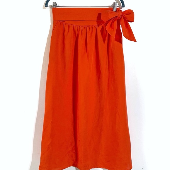 Piombo Linen Bright Orange Midi Skirt With attached Belt Size 6 Side Pocket NWT - Picture 2 of 12